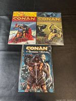 Front covers of all three Conan trade paperbacks in protective sleeves