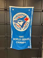 Full view of banner hanging, shows logo, text and grommets