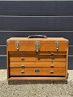 Front view of closed wooden machinist chest with hardware visible