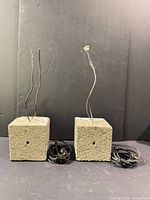 Front view of both concrete lamp bases with wiring and power cords visible