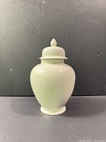 Front view of white porcelain lidded jar