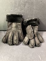 Front view of both gloves showing exterior material and fur cuff