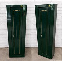 Front and slight angle views of both Stack-On cabinets showing color, trim, and overall condition