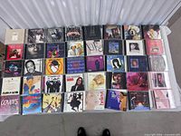 Overall view of all 40 CDs laid out in five rows on a table