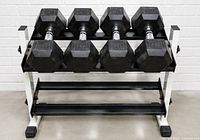 Rack holding four KEYS rubber hex dumbbells