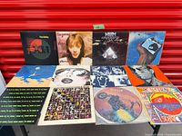 All 12 LP records laid out in three rows showing front sleeves including picture disc
