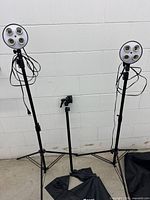 Two four-socket light heads on stands, extra stand, two bags visible