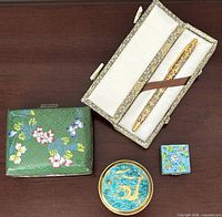 All four cloisonné pieces: jewelry box, snuff box, pill box, pen in case