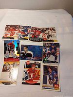 Full group shot of the ten NHL trading cards laid out in three rows