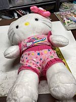 Front view of Hello Kitty plush wearing pink outfit, tape measure shows size