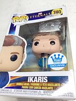 Front of boxed Funko Pop Ikaris #740 showing figure and exclusive sticker