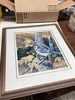 Full view of framed Blue Jay print with frame and mat visible