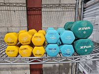 Front view showing all 12 dumbbells in three color groups