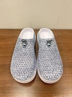 Pair of blue and white mesh slip-on clogs front view