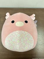 Front view of pink pig Squishmallows plush showing floral belly and facial features