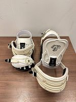 Front and rear view of both Technine bindings showing color, straps, logo, overall condition