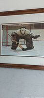Full view of framed hockey goalie print showing frame and matting