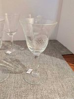 Close-up of single Cornflower etched port wine glass