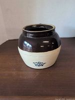 Front view of two-tone stoneware crock