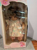 Front view of boxed doll showing dress, hair and packaging