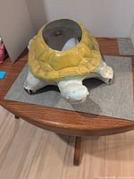 Full view of turtle planter on table showing overall shape and paint