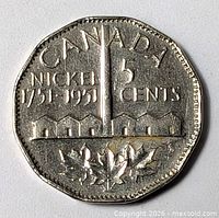 Reverse of 1951 Canadian commemorative nickel showing full design
