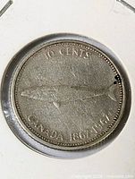 Reverse of 1967 Canadian dime showing mackerel and denomination