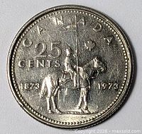 Reverse of coin showing Mountie and dates