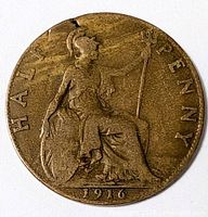 Reverse of 1916 half penny showing seated Britannia and date