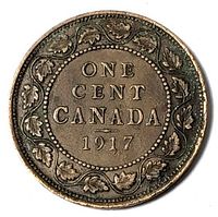 Reverse showing date 1917, ONE CENT CANADA legend, maple leaf wreath