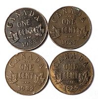 Fronts of four Canadian one cent coins showing dates 1933, 1927, 1932, 1929