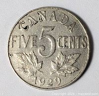 Reverse showing CANADA, 5 CENTS, maple leaves, 1929