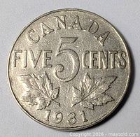 Reverse view showing CANADA legend, 5 CENTS denomination, maple leaves, 1931 date
