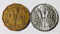 1943 and 1945 Canadian Victory nickels, obverse showing torch design