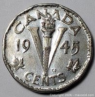 Reverse of 1945 Canadian 5-cent coin showing torch V design