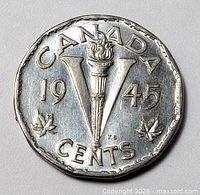 Reverse showing torch, large V, CANADA, 1945, CENTS