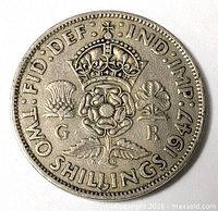Reverse showing 1947 date, crowned Tudor rose design and denomination