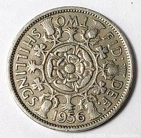 Reverse of 1956 two shillings coin showing design and date