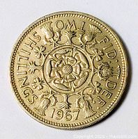Reverse of 1967 two shillings coin showing floral design and date