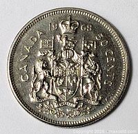 Reverse view: date 1968, CANADA 50 CENTS, coat of arms