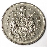 Reverse of 1974 Canadian 50 cent coin showing Coat of Arms and denomination