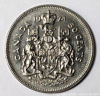 Full view reverse showing year 1974 and denomination 50 CENTS with Canadian Coat of Arms