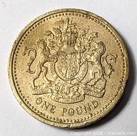 Reverse of 1983 UK £1 coin showing crowned Royal Arms and ONE POUND legend