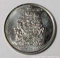 Reverse showing Canadian Coat of Arms and dates 1952-2002
