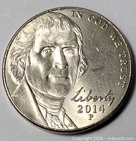 Obverse of 2014 P Jefferson nickel showing portrait, date, mintmark