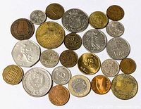 Top-down view of entire group of 24 mixed world coins