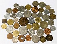 Overhead view of entire group of mixed world coins