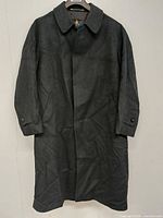 Front view of charcoal grey Bugatti long coat on hanger