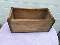 Rectangular wooden crate placed on a light purple cloth surface showing the interior and external wood grain with corner reinforcement.