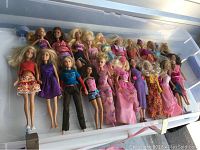 Plastic bin holding 18 Barbie dolls dressed in various outfits, displayed side by side showing wear and use marks.